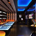 Modern KTV Room Interior Design With Blue Ceiling Lighting Sofa Seating And TV Screens