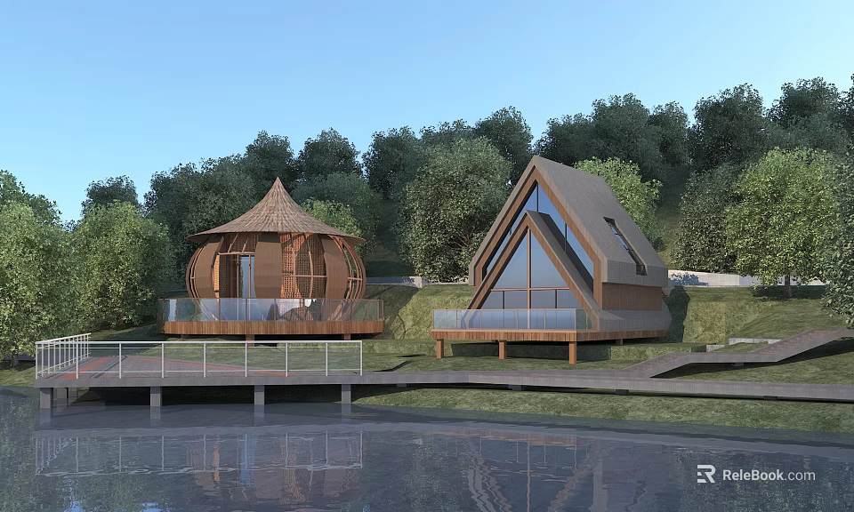 Wooden Houses Dome Shaped and Triangular Roof by Waterfront with Trees Platforms and Railings 3d model 