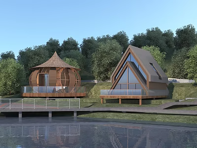 Wooden Houses Dome Shaped and Triangular Roof by Waterfront with Trees Platforms and Railings 3d model