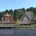 Wooden Houses Dome Shaped and Triangular Roof by Waterfront with Trees Platforms and Railings