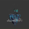 Cartoon Scene Blue Ice Block With Green And Blue Flames White Clouds Splashing Fragments