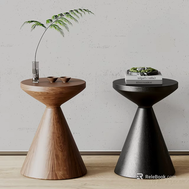 Two Modern Side Tables Walnut Black Conical Bases Round Tops with Vase Teacups Book Plant 3d model 
