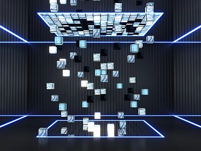 Futuristic Interior Space With Floating Cubes Blue Neon Lights Black Walls And Grid 3d model