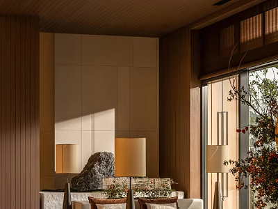 Elegant Lounge Area Interior With Wooden Walls Floor Lamps Stone Decor And Green Plants 3d model
