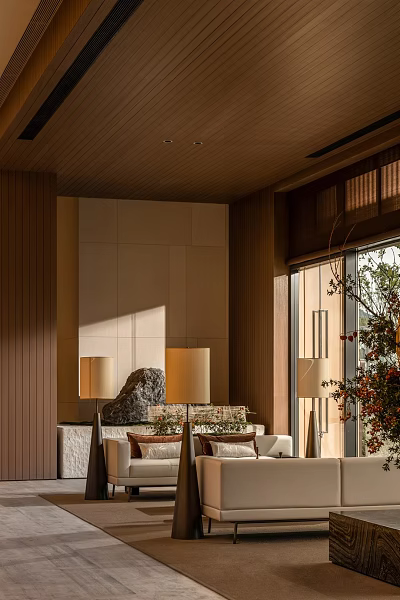 Elegant Lounge Area Interior With Wooden Walls Floor Lamps Stone Decor And Green Plants 3d model