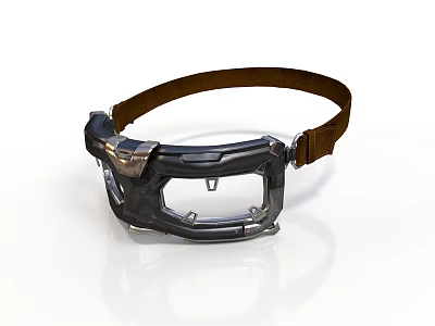 Tactical Goggles With Metallic Frame Clear Lens And Brown Leather Strap 3d model