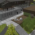Modern Architectural Complex With Wooden Structure Green Trees Stone Steps And Pedestrians Walking
