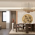 Modern Chinese Style Private Dining Room With Round Table Chandelier And Decorative Wall