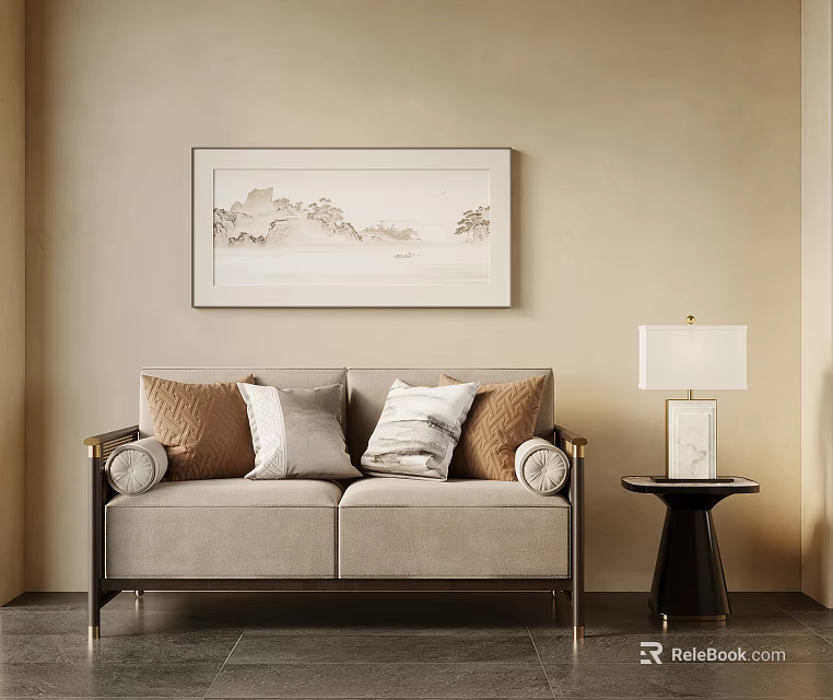Beige Two Seater Sofa with Brown Gray Pillows Black Side Table Lamp and Painting 3d model 