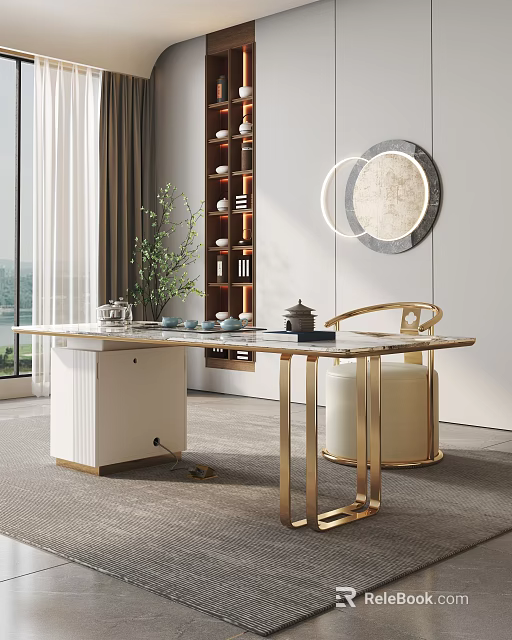 Modern Tea Room Interior With Elegant Table And Golden Chair 3d model