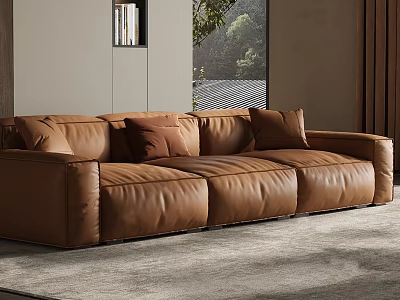 Modern Brown Leather Sectional Sofa In Living Room With Plush Rug 3d model