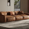 Modern Brown Leather Sectional Sofa In Living Room With Plush Rug