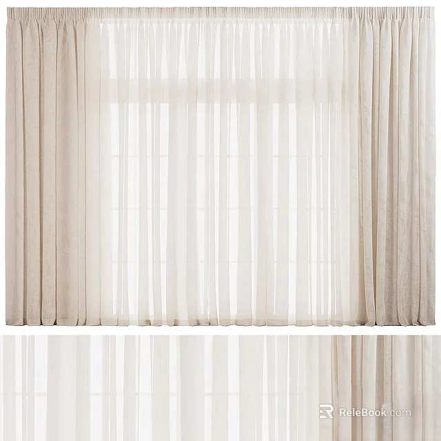 Elegant Beige Curtains With Sheer Fabric Allowing Natural Light Through Window 3d model 