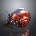Aquatic Hermit Crab Displaying Orange Brown Striped Shell Long Antennae Spotted Legs On Shiny Background