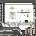 Cozy Children's Room Interior With Bed Pillows Study Desk Chair Cloud Decorations And Bookshelf