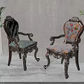 Vintage Style Dining Chairs With Carved Wooden Armrests Patterned Fabric Seats And Green Plants