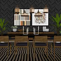 Wooden Dining Table Set With Chairs Textured Wall Abstract Paintings Pendant Lights And Striped Rug