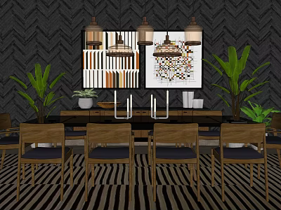 Wooden Dining Table Set With Chairs Textured Wall Abstract Paintings Pendant Lights And Striped Rug 3d model