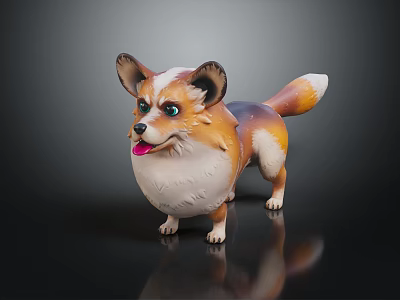 Cute Brown And White Corgi Figurine With Shiny Eyes Standing On Black Background 3d model