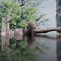 Man Sculpture Lying on Smooth Surface with Extended Arms and Green Tree Background