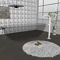 Modern Brown Transparent Bathtub Interior With Furry Rug Striped Wall Art And Potted Plant