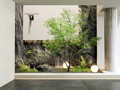 Natural Indoor Landscape With Rock Wall Green Tree Ferns Stones And Round Lights 3d model