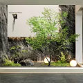Natural Indoor Landscape With Rock Wall Green Tree Ferns Stones And Round Lights