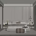 Modern Minimalist Bedroom Interior With Textured Headboard Wall Bedside Tables Hanging Lamp And Soft Rug