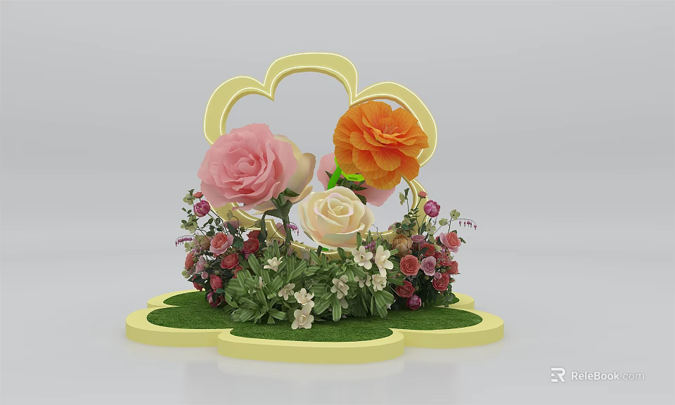 Decorative Floral Arrangement Featuring Yellow Cloud Frame Pink Orange White Roses Red Berries Green Leaves 3d model 