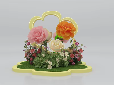 Decorative Floral Arrangement Featuring Yellow Cloud Frame Pink Orange White Roses Red Berries Green Leaves 3d model