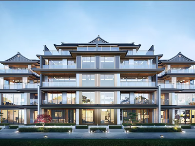 Modern Chinese Style Semi Detached Villa With Multi Story Glass Windows And Balconies 3d model