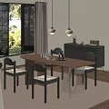Cozy Restaurant Dining Space With Wooden Table Four Chairs Pendant Lights And Window Greenery