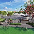Plaza Landscape With Water Area Green Trees Reeds And Blue Sky Clouds