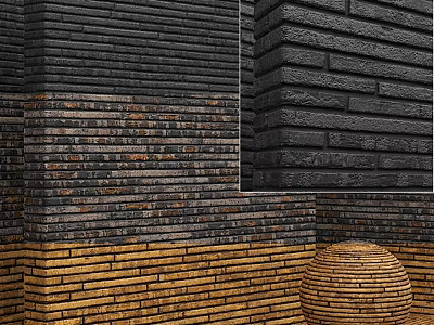 Black And Brown Brick Wall With Various Textures And Woven Basket 3d model