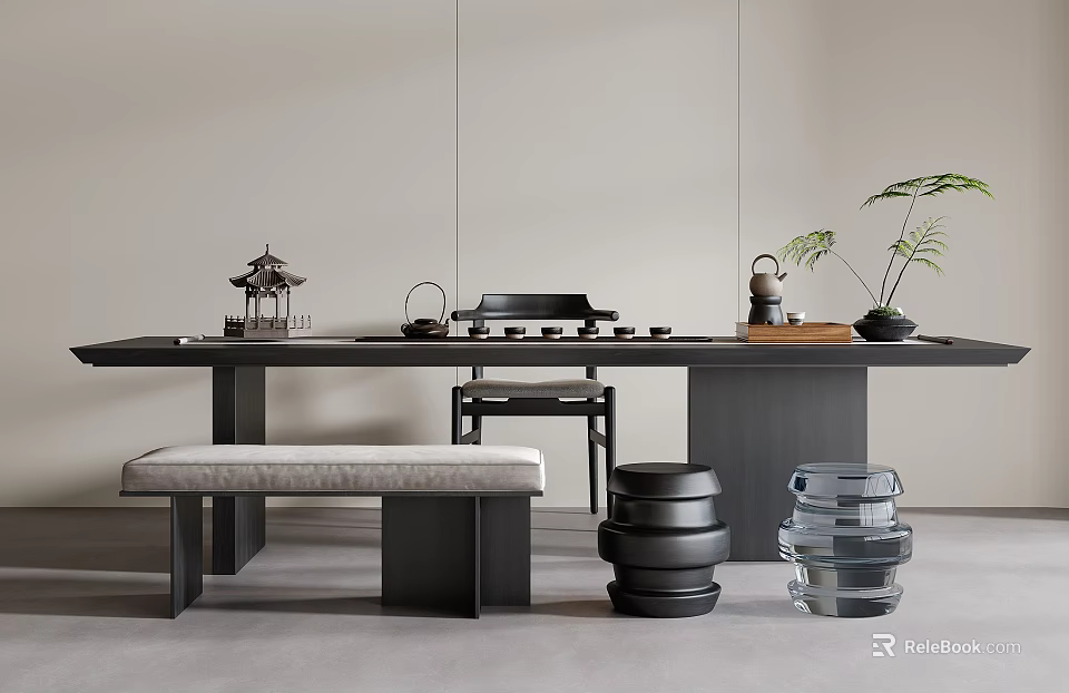 Modern Black Frame Tea Table And Chairs With Wooden Top Stools And Green Plant 3d model 