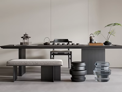 Modern Black Frame Tea Table And Chairs With Wooden Top Stools And Green Plant 3d model