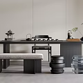 Modern Black Frame Tea Table And Chairs With Wooden Top Stools And Green Plant