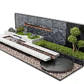 Modern Garden Feature Wall With Gray Stone Surface Waterfall Stream Small Trees And Pebble Ground