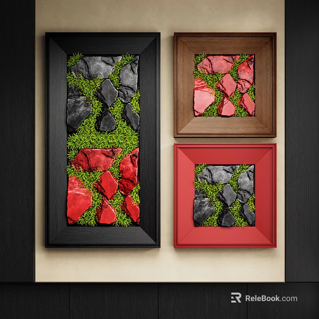 Abstract Paintings with Black Brown Red Frames Featuring Green Grass Black Red Stones 3d model 