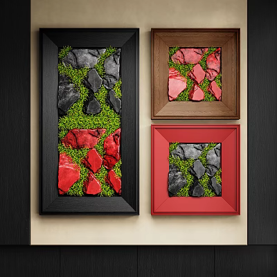 Abstract Paintings with Black Brown Red Frames Featuring Green Grass Black Red Stones 3d model