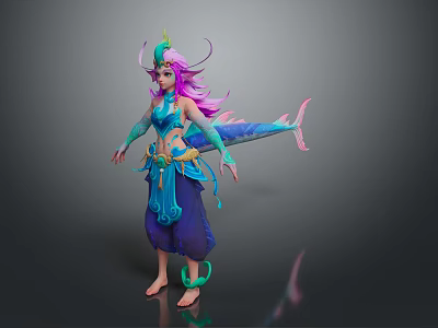 Fantasy Female Character With Long Pink Purple Hair Blue Outfit Fish Tail Decoration Green Accessories 3d model
