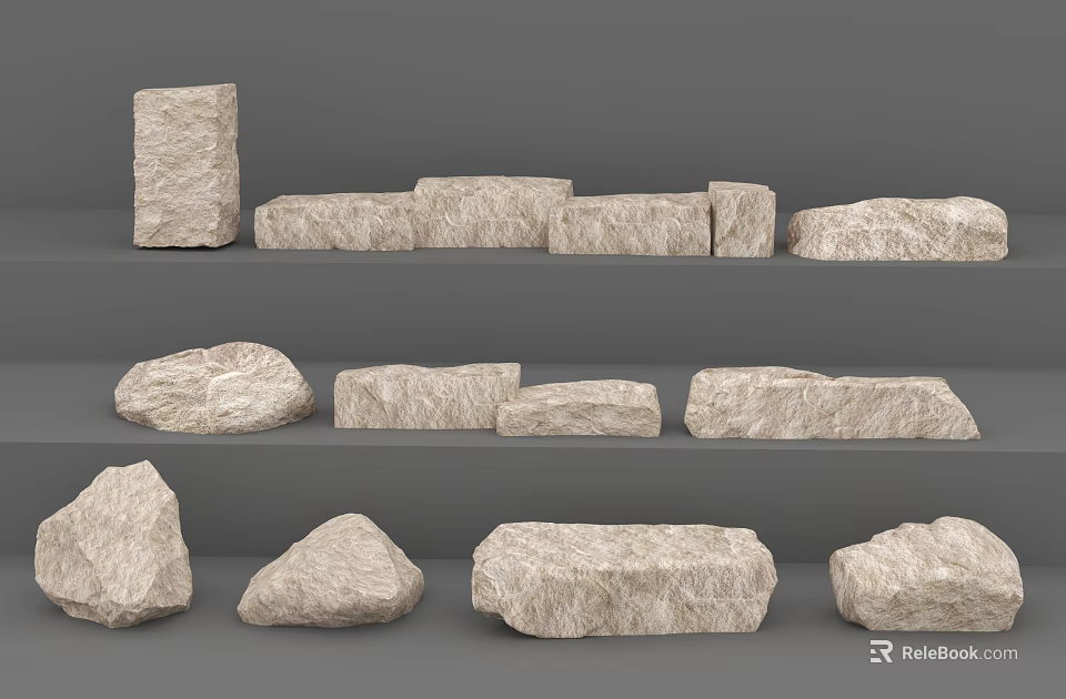 Various Shapes And Sizes Of Stones Arranged In Three Layers On Gray Background 3d model 