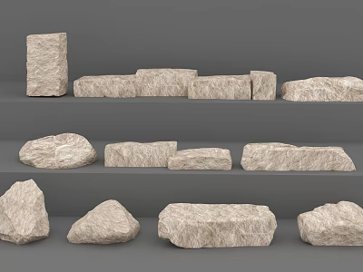 Various Shapes And Sizes Of Stones Arranged In Three Layers On Gray Background 3d model