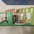 Exhibition Booth Design With Green Flooring Wooden Partitions Furniture And Plants