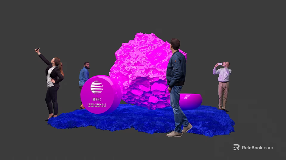 People Interacting With Pink Installation And IBC Amsterdam Logo On Blue Carpet 3d model 