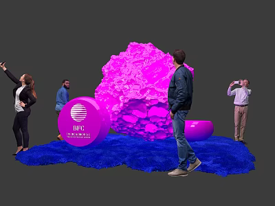 People Interacting With Pink Installation And IBC Amsterdam Logo On Blue Carpet 3d model