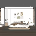 Modern Minimalist Bedroom Interior With Wooden Bed Artwork Bookshelves And Soft Area Rug