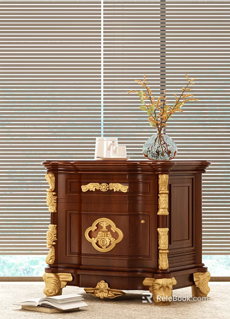 Classic Wooden Bedside Table with Intricate Gold Accents Topped with Ceramic Vase and Tea Cups 3d model 