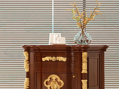 Classic Wooden Bedside Table with Intricate Gold Accents Topped with Ceramic Vase and Tea Cups 3d model