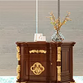 Classic Wooden Bedside Table with Intricate Gold Accents Topped with Ceramic Vase and Tea Cups
